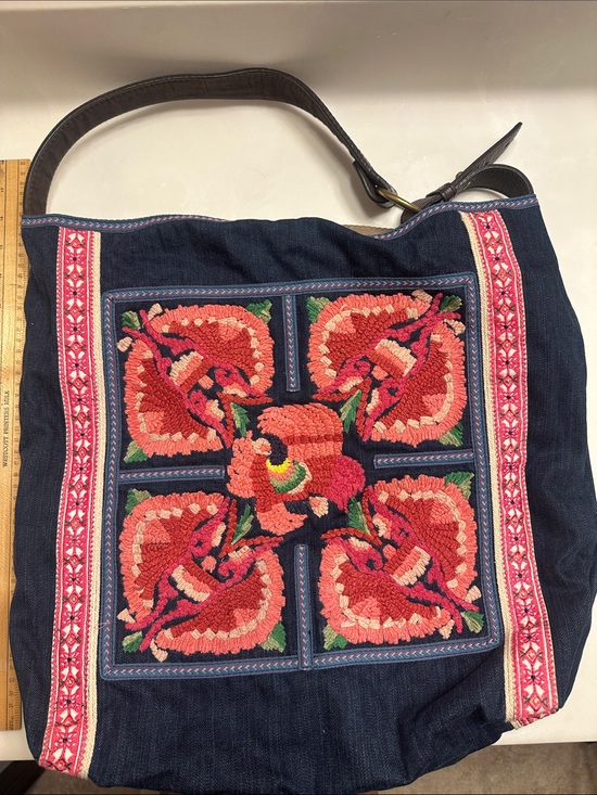 Lucky Brand Handbags - Lucky Brand Navy Canvas Hobo with Pink and Coral Embroidered Floral Panel